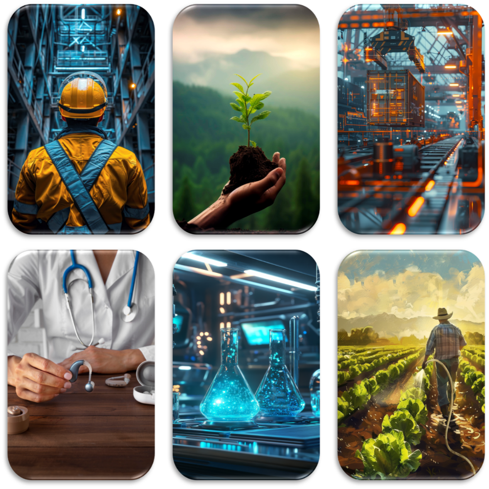 Six square images depicting different professions and activities.